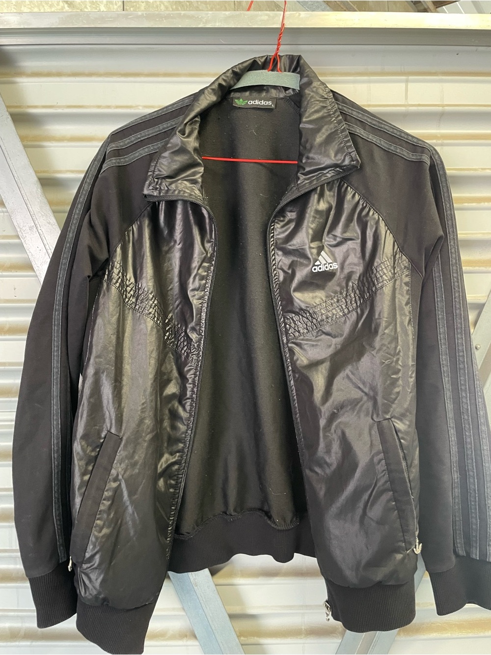Vtg Adidas Originals Men Large Black Mixed Media Track Jacket Shiny Nylon Panel